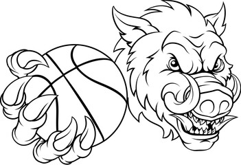 A wild boar, hog razorback warthog pig mean tough cartoon sports mascot holding a basketball ball