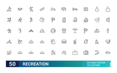 Set of recreation line icons. Entertainment, hobby, vacation, sports, tourism and more. Web line icon. Outline pictogram. Editable stroke. Pixel perfect, vector illustration.