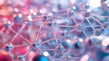 Closeup of a Glass Molecular Structure with Pink and Blue Bokeh Background