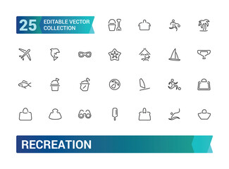 Set of recreation line icons. Entertainment, hobby, vacation, sports, tourism and more. Web line icon. Outline pictogram. Editable stroke. Pixel perfect, vector illustration.