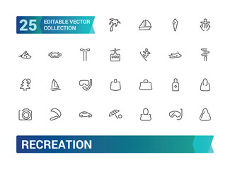 Set of recreation line icons. Entertainment, hobby, vacation, sports, tourism and more. Web line icon. Outline pictogram. Editable stroke. Pixel perfect, vector illustration.