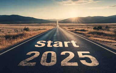 A wide shot of a long empty road with "Start 2025" written on it, fading into the distant horizon, representing positivity and the journey towards future success in the new year 2025 