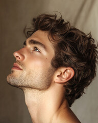 Fototapeta premium a handsome man in profile throws his head back and shows his handsome neck 