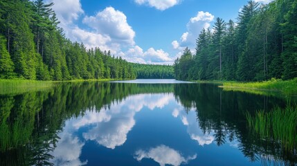 Fototapeta premium Serene Lake Surrounded by Lush Green Forest
