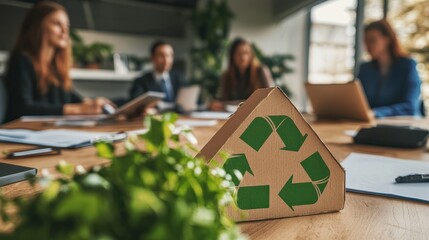 A team of professionals strategizing and conversing about a sustainability policy with the recycle reduce reuse symbol in a conference room. A progressive environmentally conscious organization