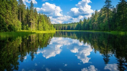 Fototapeta premium Serene Lake Surrounded by Lush Green Forest Landscape