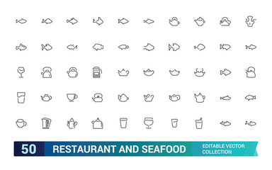 Restaurant and seafood line icons set. Related to Fish, Menu, Breakfast, drink, kitchen and more. Editable and pixel perfect web and ui icon collection.