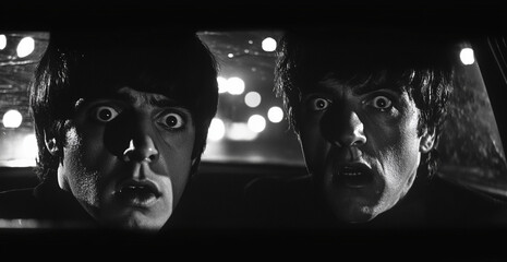 A grainy black and white illustration of two scared men in a car