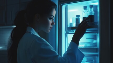 Obraz premium A woman in a white lab coat is looking into a refrigerator,generative ai image