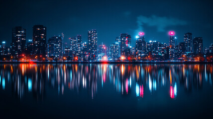 Fototapeta premium Vibrant city skyline reflecting on water during New Year's Eve celebrations at midnight