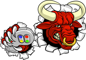A bull or Minotaur monster longhorn cow angry mean video game gamer mascot cartoon character.