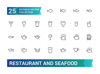 Restaurant and seafood line icons set. Related to Fish, Menu, Breakfast, drink, kitchen and more. Editable and pixel perfect web and ui icon collection.