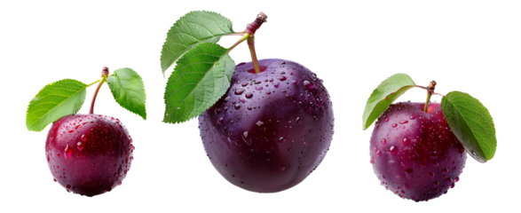Closeup of fresh, juicy plums with water droplets and green leaves isolated on white transparent background