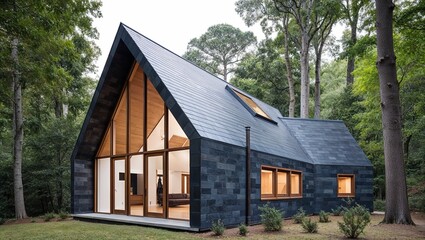 Obraz premium modern, minimalist cabin set in a lush, forested environment. The structure features a sleek, dark exterior with horizontal wooden paneling