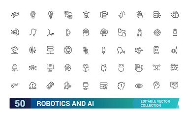 Set of robotics and AI icons. Set with robot and bot technology, artificial intelligence, engineering, automated machinery. Editable stroke.