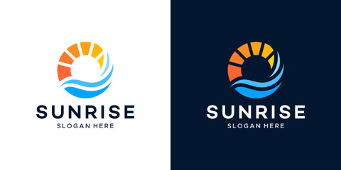 Obraz premium sunrise logo design. Abstract sun with ocean beach nature design graphic symbol icon vector.