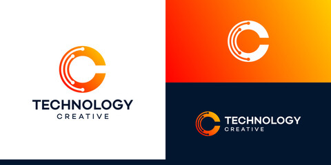 Letter C with technology models. Logo design initial C for symbol tech, internet, system, Artificial Intelligence, Blockchain, molecule and system graphic symbol icon vector.