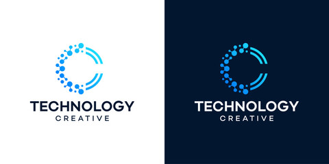 Letter C with technology models. Logo design initial C for symbol tech, internet, system, Artificial Intelligence, Blockchain, molecule and system graphic symbol icon vector.