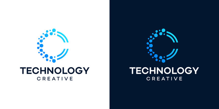 Letter C with technology models. Logo design initial C for symbol tech, internet, system, Artificial Intelligence, Blockchain, molecule and system graphic symbol icon vector.