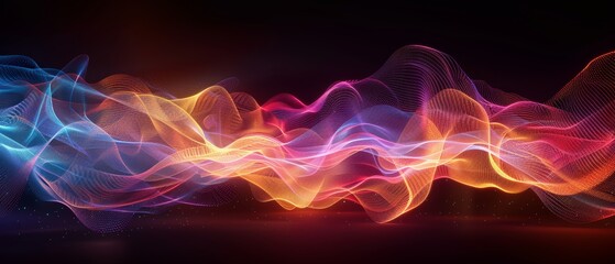 Fototapeta premium A vibrant wave of colorful light particles flowing smoothly against a dark background, creating a dynamic and energetic visual display.