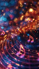 A vibrant, colorful abstract representation of music with swirling lines and glowing notes, creating a lively and energetic atmosphere.
