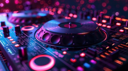 Obraz premium A vibrant close-up of a DJ controller, featuring illuminated buttons and knobs, radiating energy and creativity in a dynamic nightlife setting.
