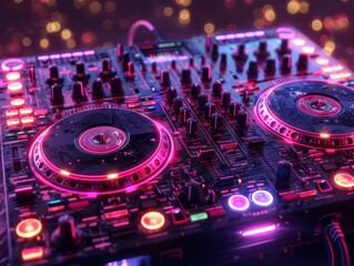 A vibrant DJ mixer with colorful lights, featuring turntables and controls, set against a blurred background, ideal for electronic music parties.