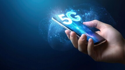A hand holding a smartphone with a digital data connection and text 5G, blue background
