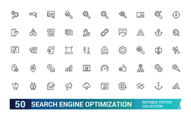 Line icons about search engine optimization. Contains such icons as SEO, target, and content development. Editable stroke. Pixel perfect thin web and ui icon pack.