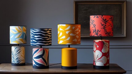 Four Table Lamps with Patterned Shades on a Wooden Table