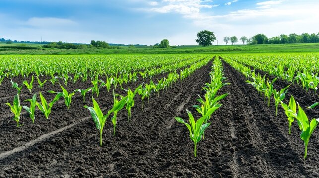 A large field of black soil with rows of green corn sprouts growing in the foreground