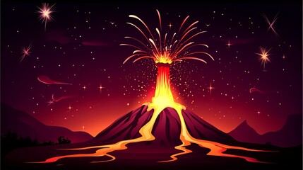 A volcano erupts with lava flowing down the side against a night sky with stars.