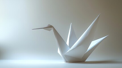 A delicate white origami crane elegantly displayed with sharp folds and smooth surfaces, symbolizing peace and hope.