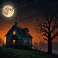 A spooky, abandoned wooden house with glowing windows sits under a full moon in a misty field with a bare tree in the background.