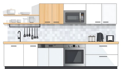 Fototapeta premium A cream-colored kitchen with cabinets, countertops, appliances, and tiled backsplash.