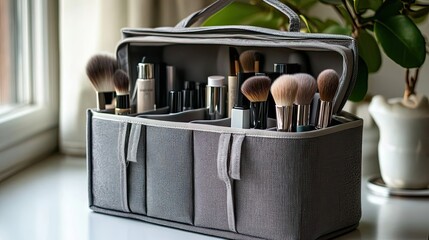A Grey Makeup Bag Filled With Makeup Brushes And Products