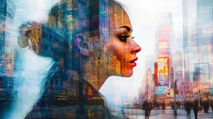Abstract urban cityscape portrait with blurred double exposure effect