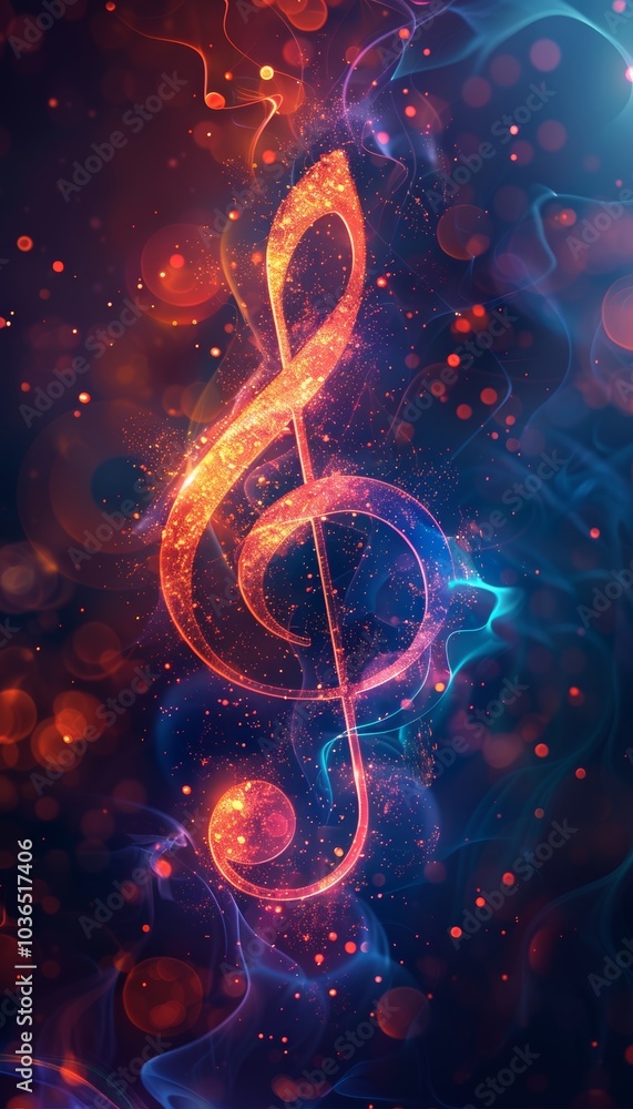 Wall mural A vibrant musical note surrounded by glowing particles, illustrating the enchanting essence of music and creativity in a colorful cosmic setting.