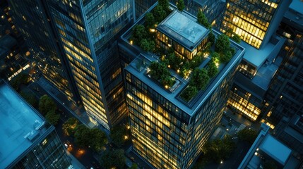 aerial evening view of illuminated eco friendly modern glass office building with green environment