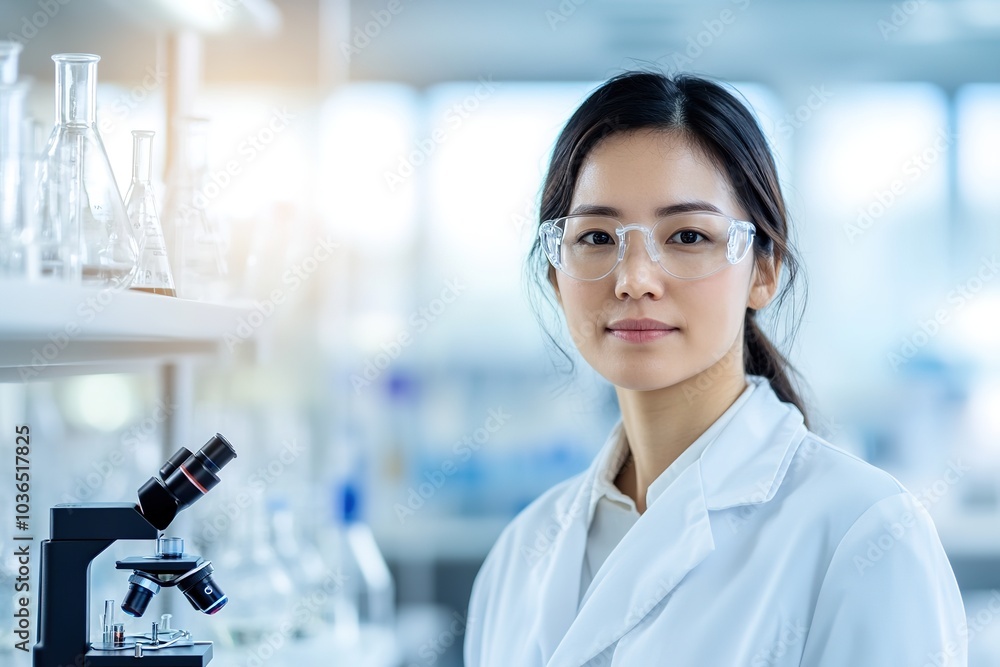 Poster confident scientist with microscope in lab