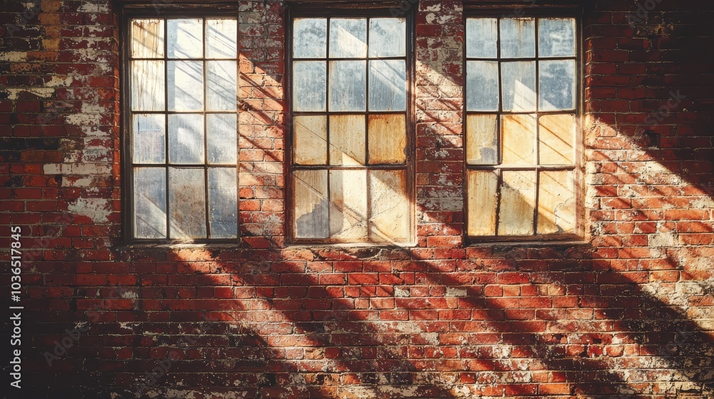 Poster a rustic wall with three windows allows sunlight to cast shadows on the brick, creating an atmospher