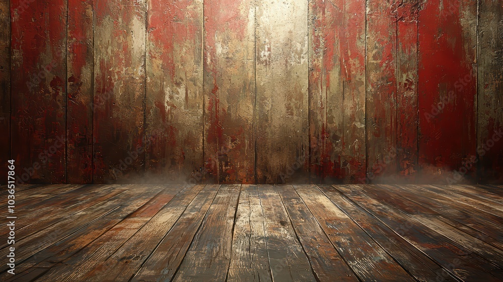 Poster a rustic wooden backdrop featuring a weathered red and brown color scheme, creating a warm and invit