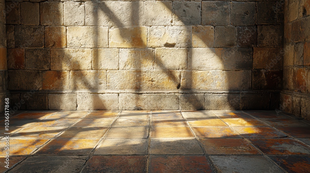 Poster description:** sunlit stone wall casting intricate shadows on a textured floor, creating a warm and 