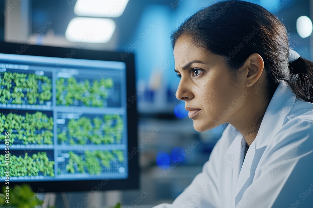Poster focused scientist analyzing genetic data on computer screens in