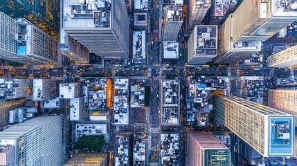 Obraz premium Aerial view of a dense urban cityscape with skyscrapers, streets, and traffic.