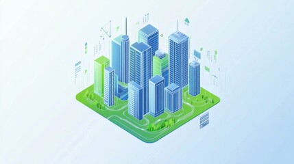 An isometric illustration of a city with buildings, green spaces, and icons representing data and technology.