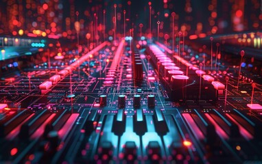 Fototapeta premium A vibrant, futuristic sound mixer with neon lights and digital elements, illustrating the fusion of technology and music production.