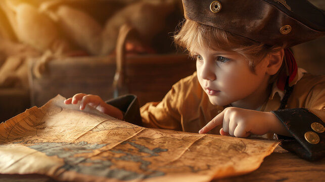 Boy in a pirate uniform and hat looking at a map - Powered by Adobe