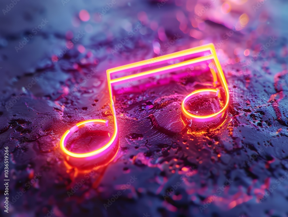 Wall mural A neon music note glows vibrantly against a dark, textured surface, emphasizing a modern and artistic musical theme.