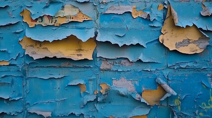 Obraz premium Closeup of a blue wall with peeling paint, revealing yellow paint underneath.